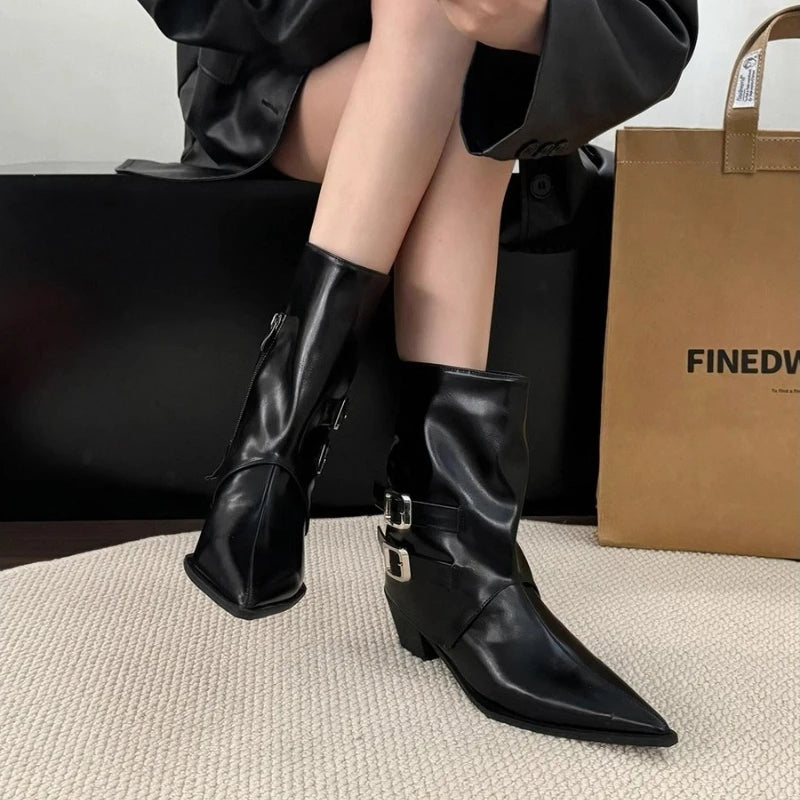 Winter Pointed Toe Thick Heel Women Ankle Boots Elegant Back Belt Buckle Slip On Shoes Street Style Party Short Botas Mujer.