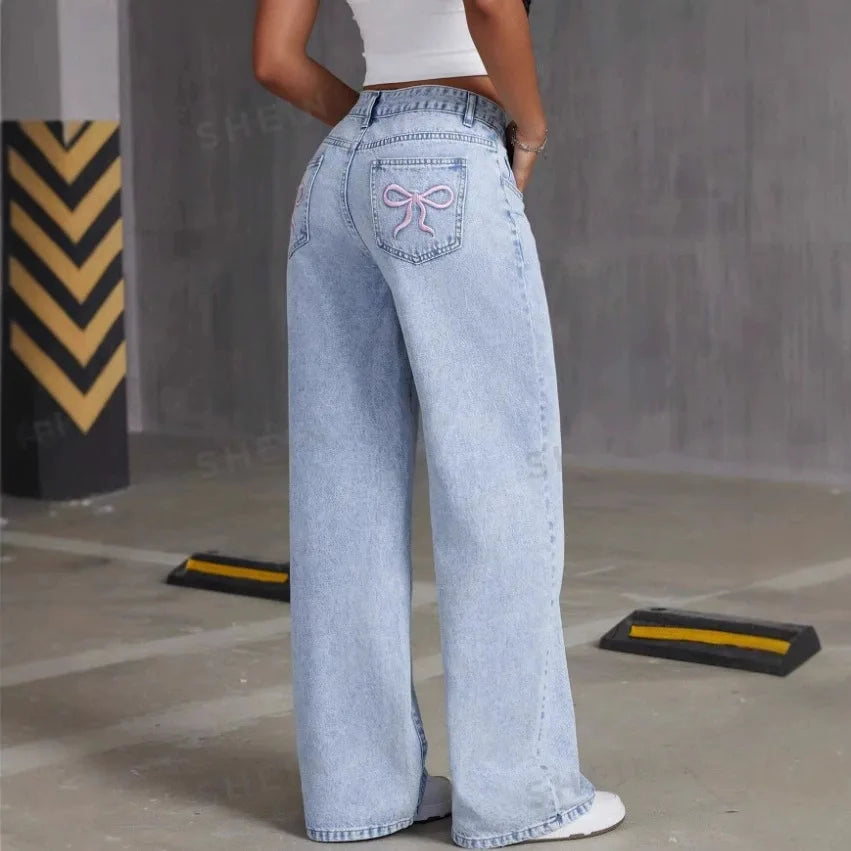 Jean Straight Pants Women Denim Washed Jeans Full Length Mom Embroidery Pockets Loose High Waist Vintage Zipper Fly Spliced.