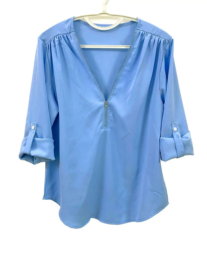 2024 Quality HotSale Plus Size Deep V Neck Women Blouse Chiffon Cool Loose Shirt Fashion Casual Ladies Tops Sexy Zipper Pullover