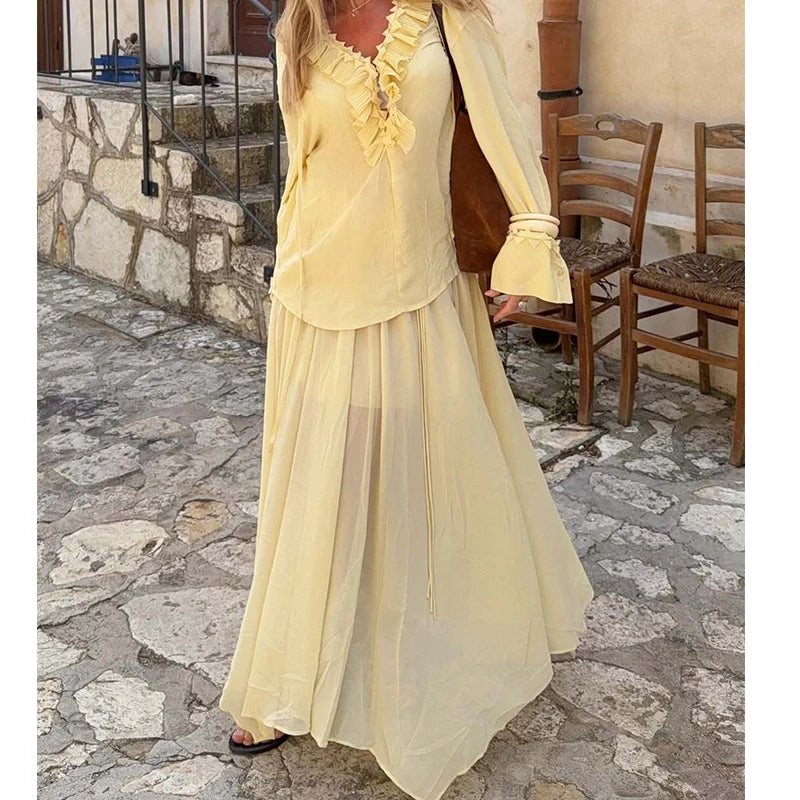 YENKYE New Fashion Side Drawstring High Waist Elegant Yellow Skirt Women Holiday Summer Loose Chiffon Midi Skirts faldas mujer.