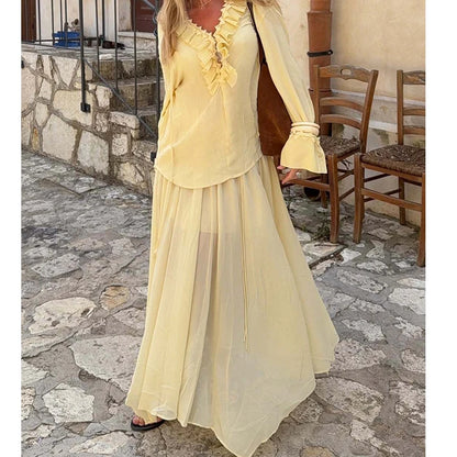 YENKYE New Fashion Side Drawstring High Waist Elegant Yellow Skirt Women Holiday Summer Loose Chiffon Midi Skirts faldas mujer.