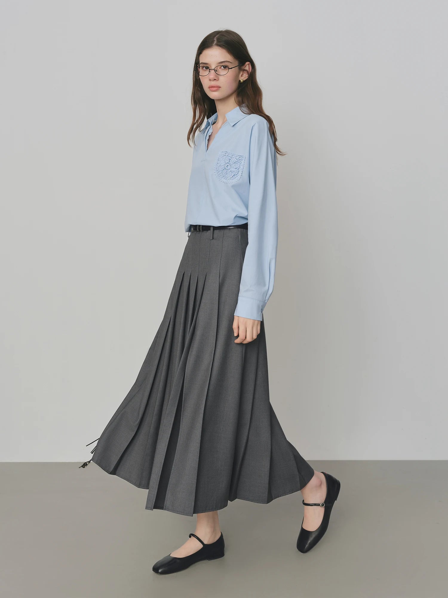 FSLE College Style Gray Retro Pleated Skirt For Women Autumn 2025 New Arrival Commuter Officelady Chic Long Skirt 25FS13198.