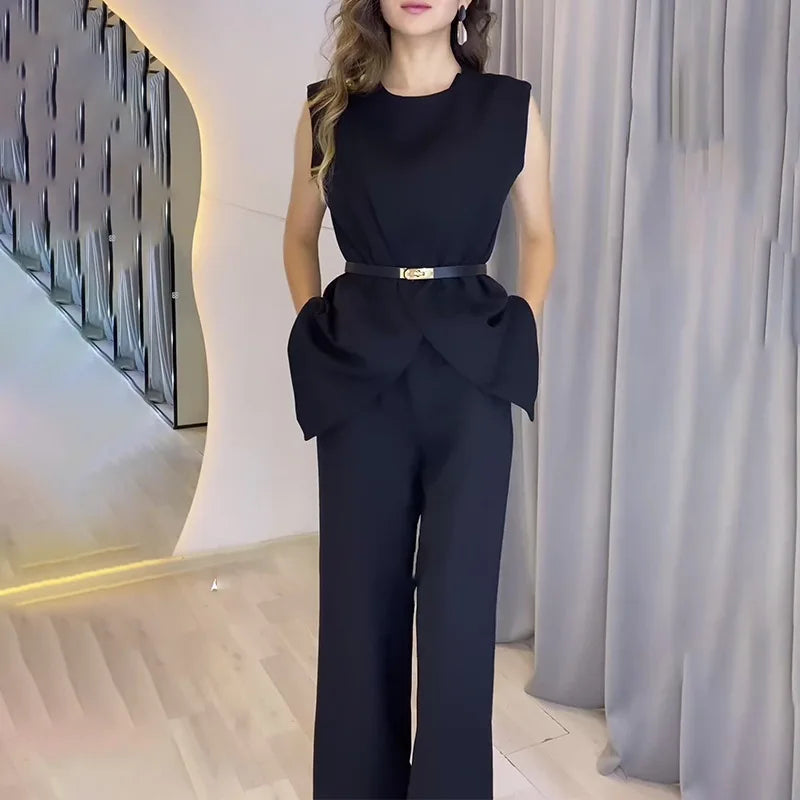 Women Women Piece Set High Waist Pocket Pant Sets Tops Solid Sleeveless Spliced Elegant Round Neck Top Suits Office Lady.
