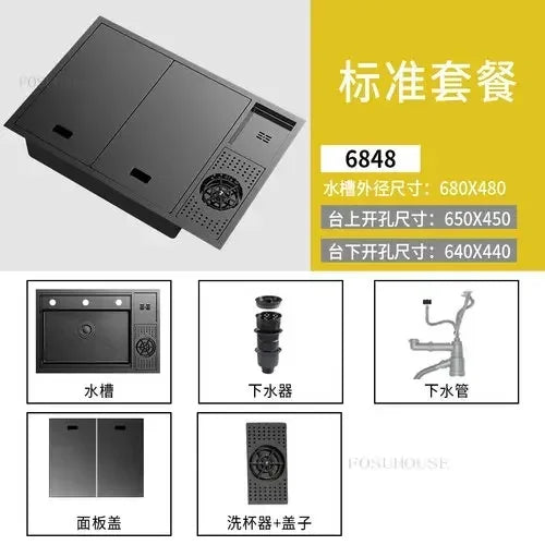 Black Concealed Kitchen Sink with Lid Stainless Steel Multifunctional Bar Built-In Vegetable Sink with Cup Wash Middle Downspout