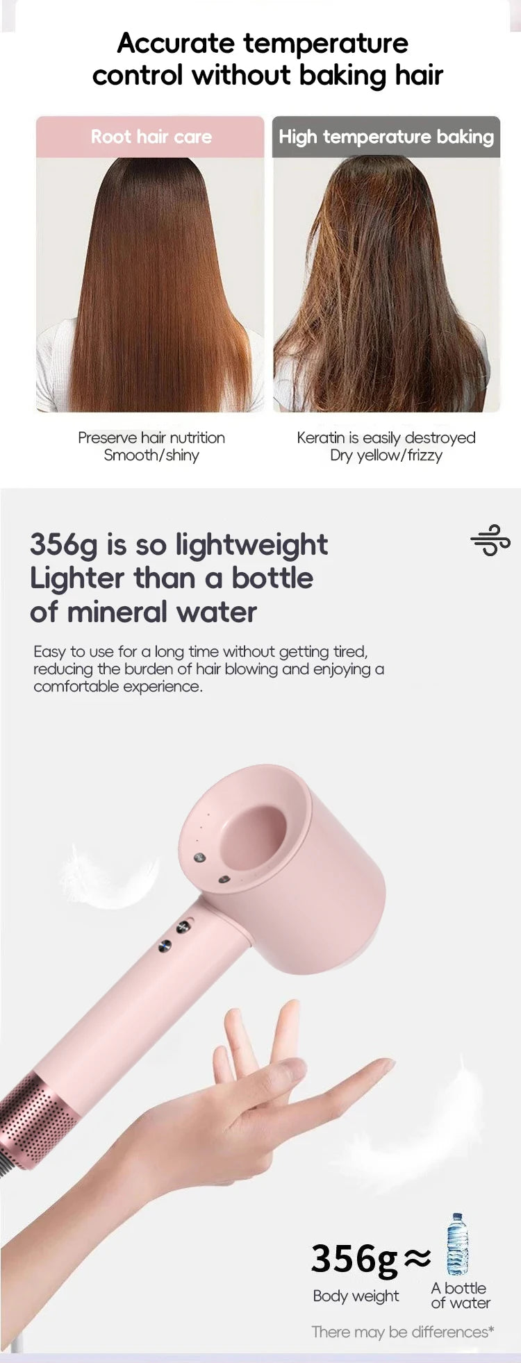 Bladeless high-speed hair dryer, negative ions, high power, silent and quick drying Dryer Portable Suitable for home and travel