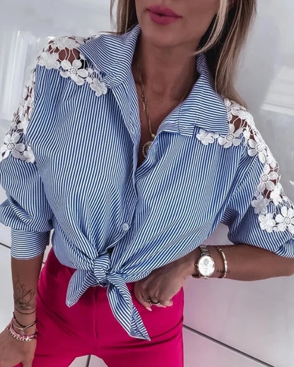 Striped Turn-Down Collar Long Sleeve Contrast Lace Shirt Casual Tied Detail Blouse 2025 Autumn Winter Spring New Fashion.