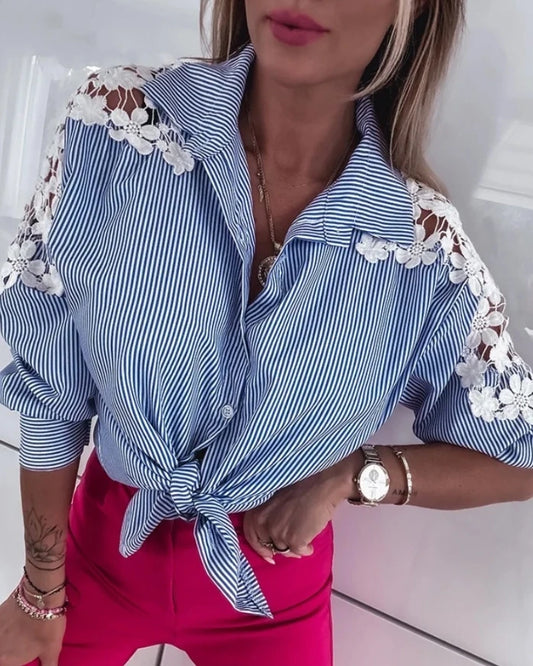 Striped Turn-Down Collar Long Sleeve Contrast Lace Shirt Casual Tied Detail Blouse 2025 Autumn Winter Spring New Fashion.