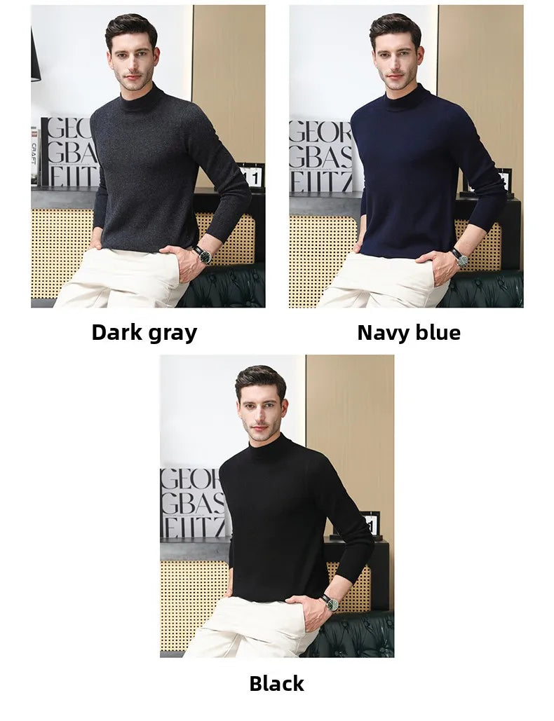 High End 100% Wool Thick New Autum Winter Fashion Brand Pullover Knit Half Turtleneck Business Sweater Casual Men Clothing.
