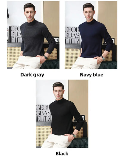 High End 100% Wool Thick New Autum Winter Fashion Brand Pullover Knit Half Turtleneck Business Sweater Casual Men Clothing.