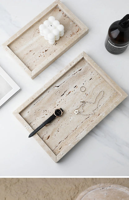 Minimalism Marble Tray for Perfume Candles Jewelry Travertine Stone Vanity Tray for Dresser Countertop Coffee Table Serving.