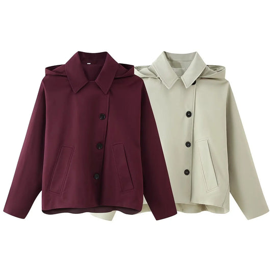 Frühjahr 2022, neue, vielseitige, einreihige, langärmlige Windjacke mit Kapuze und Tasche für Damen