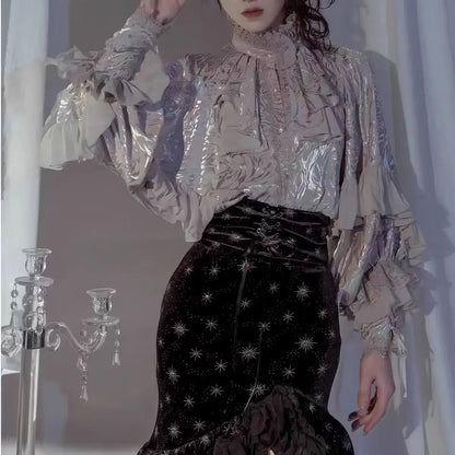 Lolita Y2k Gothic Dark Academia Clothes Loose Long Sleeve Shirt Women Y2k Stand Collar Ruffles Patchwork Blusas De Mujer.