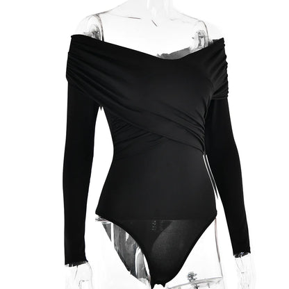 Cryptographic Fashion Off Shoulder Ruched Wrap Bodysuits Outfits for Women Elegant Skinny One Piece Long Sleeve Tops Solid.
