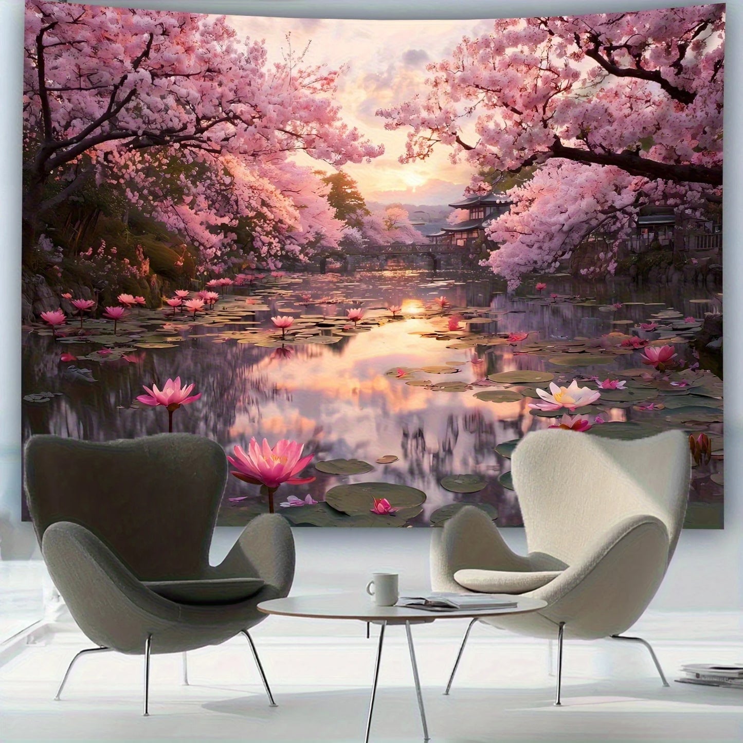 1pc Extra Large Japanese Cherry Blossom Sunset Tapestry - Pink Floral Lakeside Wall Hanging with Lotus Flowers, HD Printed Wrink.