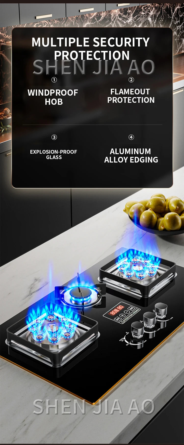 7.2KW Gas Stove Household Three Stove Timing Table Embedded Dual-purpose Natural Gas Liquefied Gas Fire Stove Gas Stove.