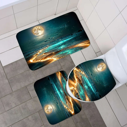 4-teiliges Set wasserdichter Duschvorhang mit Star River Moon-Muster und 12 Haken, bedruckter Vorhang, Badezimmer-Bodenmatte