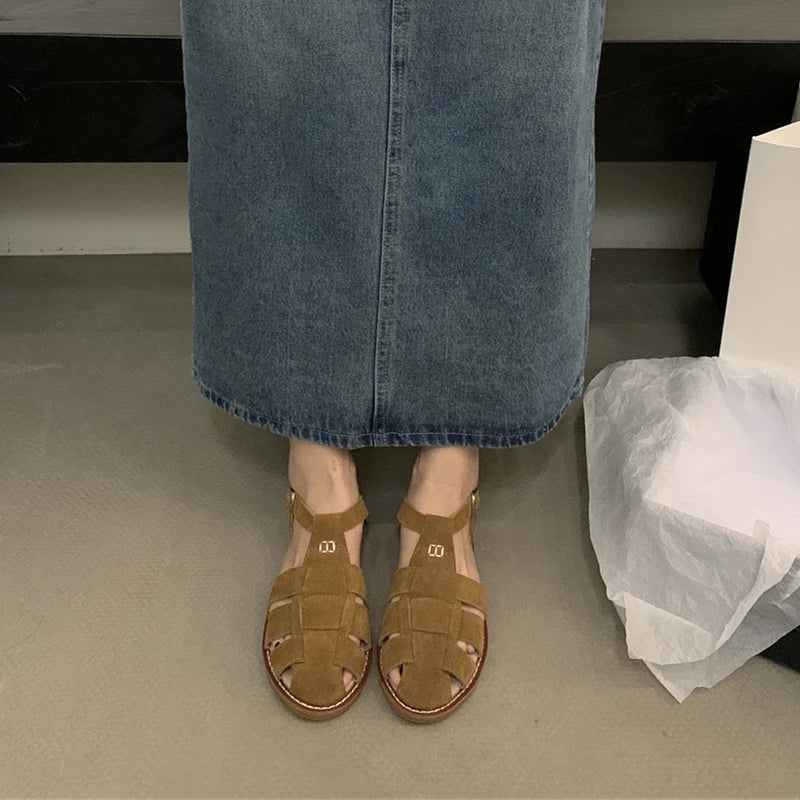 DIMANYU Women's Roman Sandals 2023 Summer New Flat Retro Real Leather Ladies Sandals Hollowed Women's Cage Shoes.