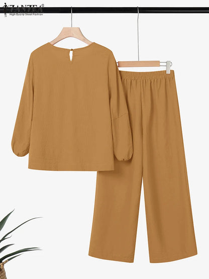 Fashion Women Two Piece Outfit ZANZEA Long Sleeve Top 2025 Autumn Casual High Waist Long Pants Sets Solid 2PCS Suits Tracksuit.