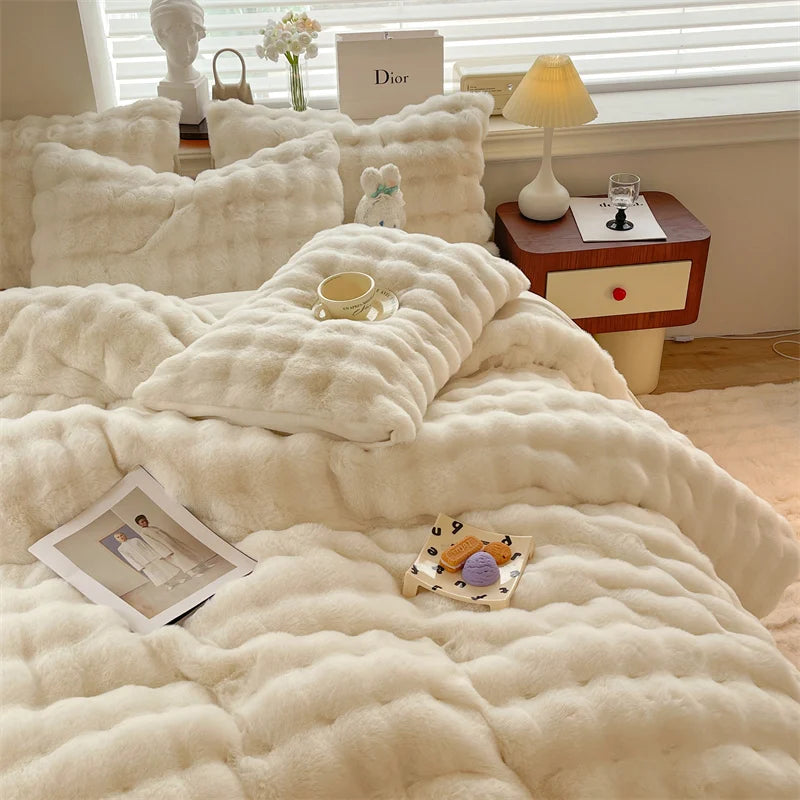 Luxury Faux Rabbit Fur Velvet Fleece Plush Soft Warm Bedding Set Super Comfortable Duvet Cover Set Blanket Bed Sheet Pillowcases.