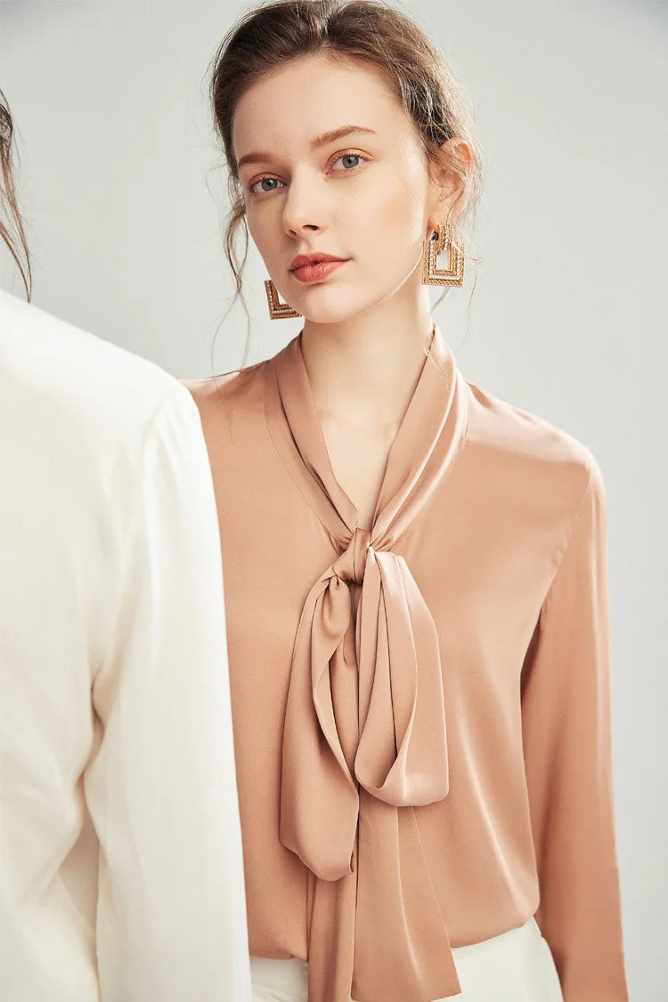 Silk Shirt Women's Thick Temperament Streamer 2025 Spring and Summer New Mulberry Silk Lace-up Design Shirt Long-sleeved Top.