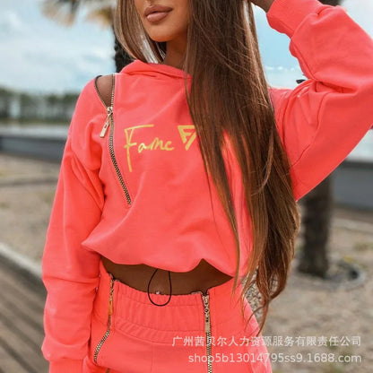 Pullover Hoodies Tracksuit Women Hooded Two Pieces Set Print Sweatshirts Pockets Zipper Pencil Pants Suit Sports Casual.