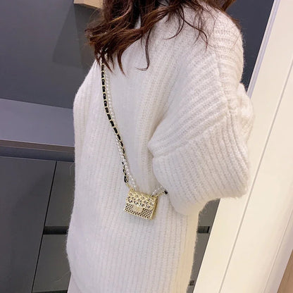 Mini Metal Shoulder Bags for Women Pearl Chain Crossbody Bag Designer Clothing Accessories Satchel Female Decorative Box Handbag.
