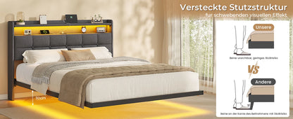140 x 200 cm großes Polsterbett mit Doppelbettrahmen und LED-Beleuchtung und Ladestation. Kopfteil inklusive schwebendem Bettdesign