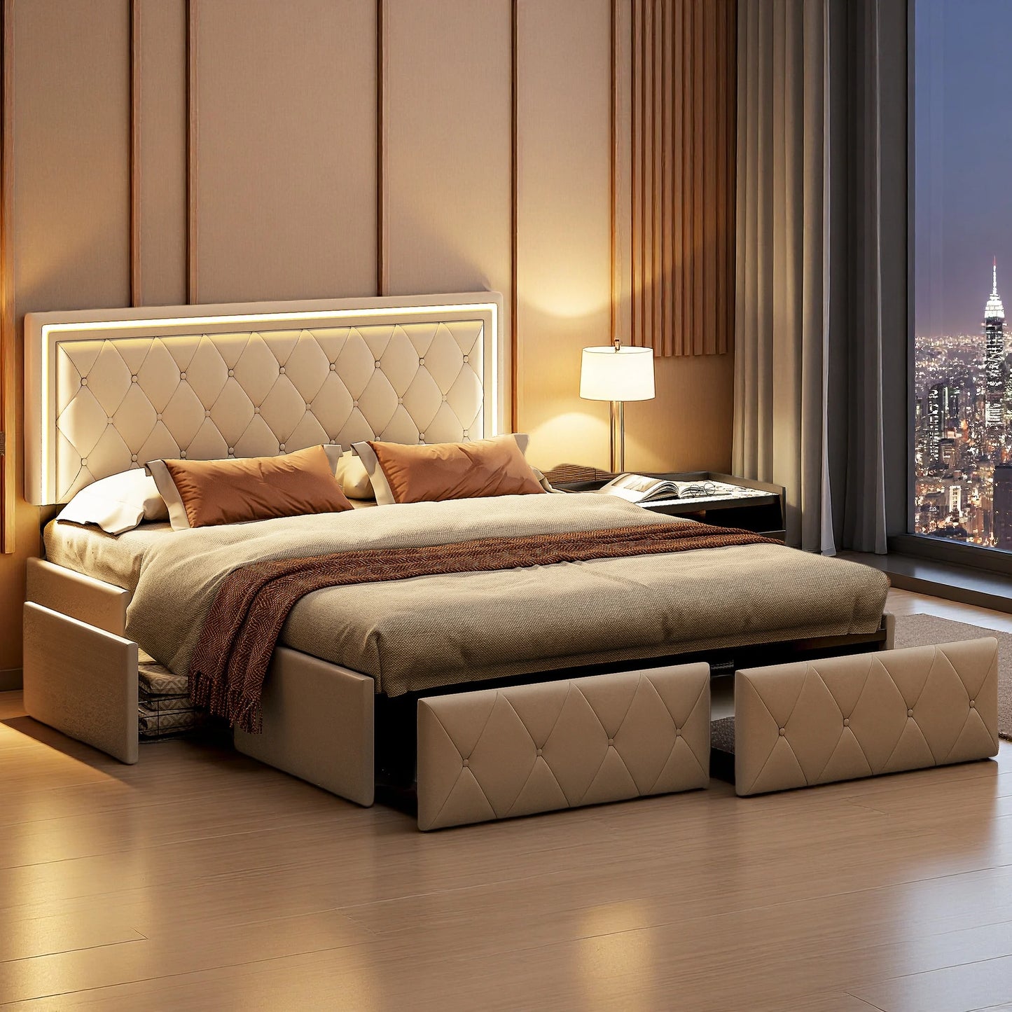 Rosahqnda Modernes Kunstlederbett mit Schubladen, stilvolles Doppelbett aus Kunstleder mit Stauraum, ohne Matratze