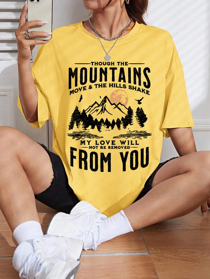 Spring Woman Cotton T-Shirts Mountains Setting Sun Printed Short Sleeve Tees Fashion Female Clothes Comfortable Soft Street Tops.