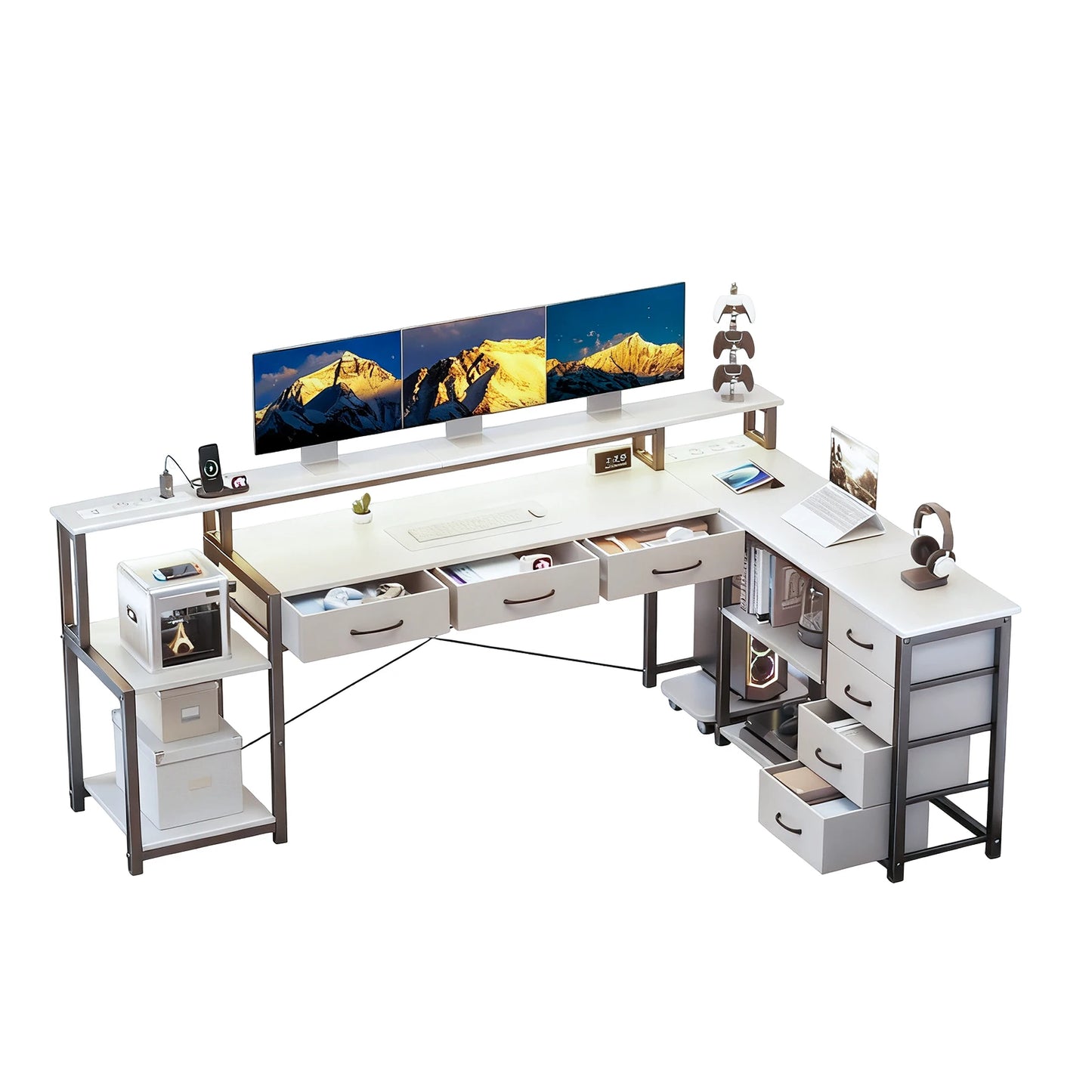 Weißer L-förmiger Schreibtisch mit LED Beleuchtung Schubladen Regal USB Steckdosen Computertisch 200cm