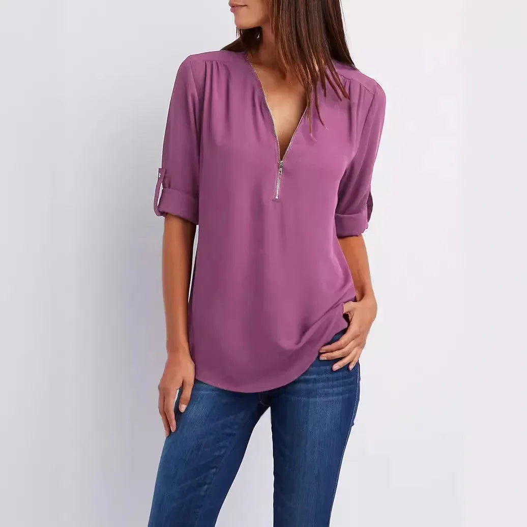 2024 Quality HotSale Plus Size Deep V Neck Women Blouse Chiffon Cool Loose Shirt Fashion Casual Ladies Tops Sexy Zipper Pullover.
