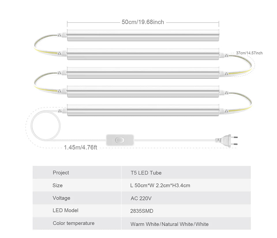50cm T5 LED Tube Light AC85-265V, 2835 SMD Eye Protection No Flicker, Replace Fluorescent Light for Home, Office, Shop, Hotel.