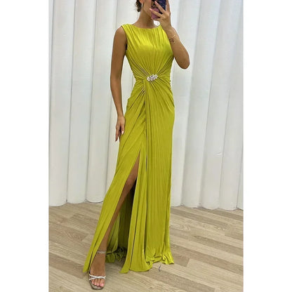 Frauen sexy Kleid neue ärmellose feste Party schlanke Empire Split weibliche elegante Rundhals Mode lange Kleidung