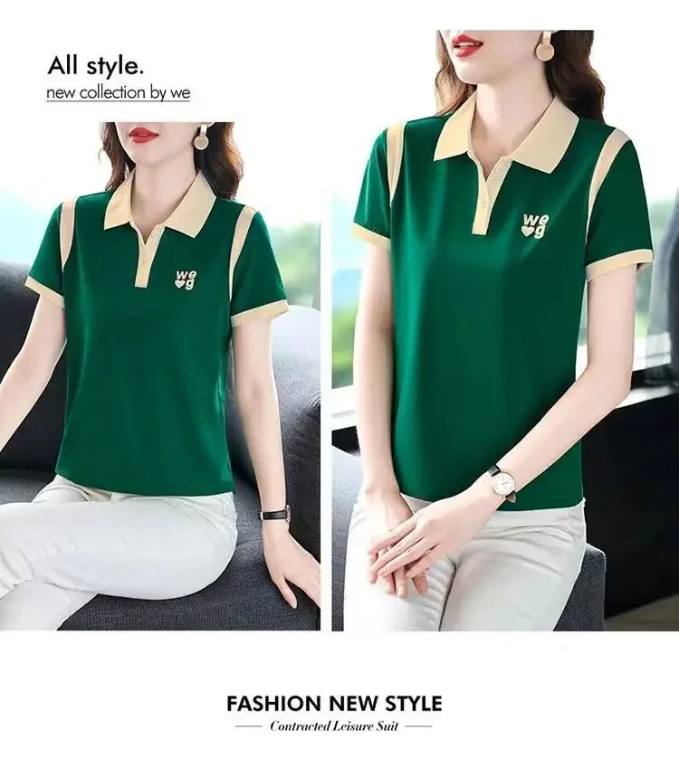 Sporty Short Sleeve Polo Shirt for Women Summer Fashionable Hong Kong Style Top Slim Fit Mixed Fabric Trendy T-Shirt.