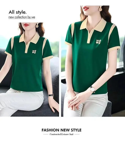 Sporty Short Sleeve Polo Shirt for Women Summer Fashionable Hong Kong Style Top Slim Fit Mixed Fabric Trendy T-Shirt.