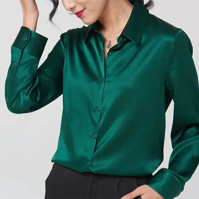 Woman Silk Shirt Long-sleeved Satin Women Blouse 19mm Mulberry Silk Blouse Loose Versatile Base Shirt 95% Natural Silk+5%Spandex