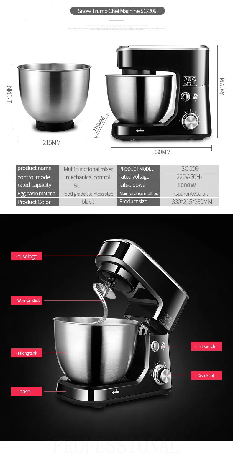 DIVEDEER 5L Multifunctional Chef Machine  Automatic Dough Kneader, Flour Mixer, Blender & Egg Whisker for Household Use.