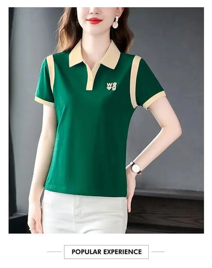 Fashionable Short Sleeve Polo Shirt Women's Summer Sporty Hong Kong Style Top High End Mixed Fabric Slim Fit T-Shirt.