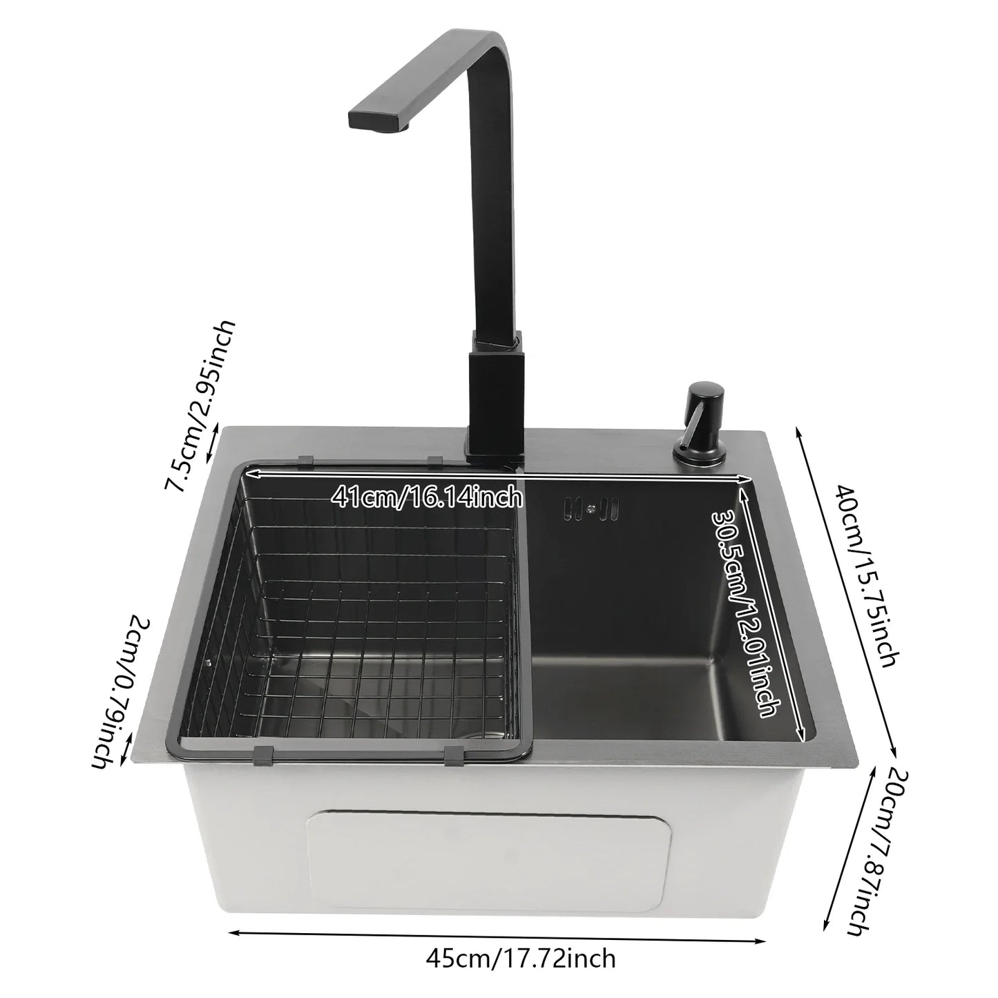 Edelstahlspüle 40 x 45 cm, schwarze Küchenspüle mit Spültischarmatur, 1 x 45 cm, Unterschrankspüle W | Abtropfbrett und Sieb