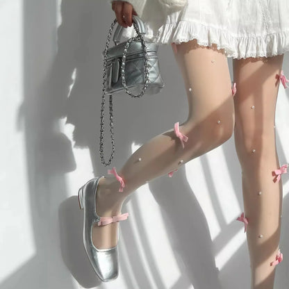 Lolita Pink Velvet Bow Embroidery Pearl Tights Pantyhose Fashion Women Tights JK Lolita Styles Sweet Girls Kawaii Cute Stocking.