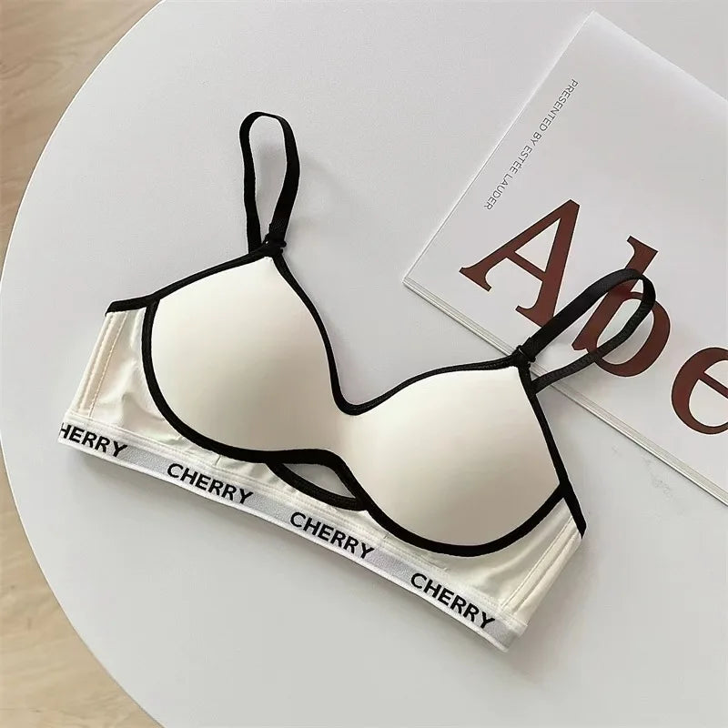 Summer Striped Lettering Light Face Gathered Anti-sagging Casual Black Bra No Scar Underwear Women No Steel Ring Bra.