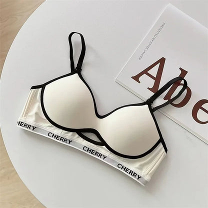 Summer Striped Lettering Light Face Gathered Anti-sagging Casual Black Bra No Scar Underwear Women No Steel Ring Bra.