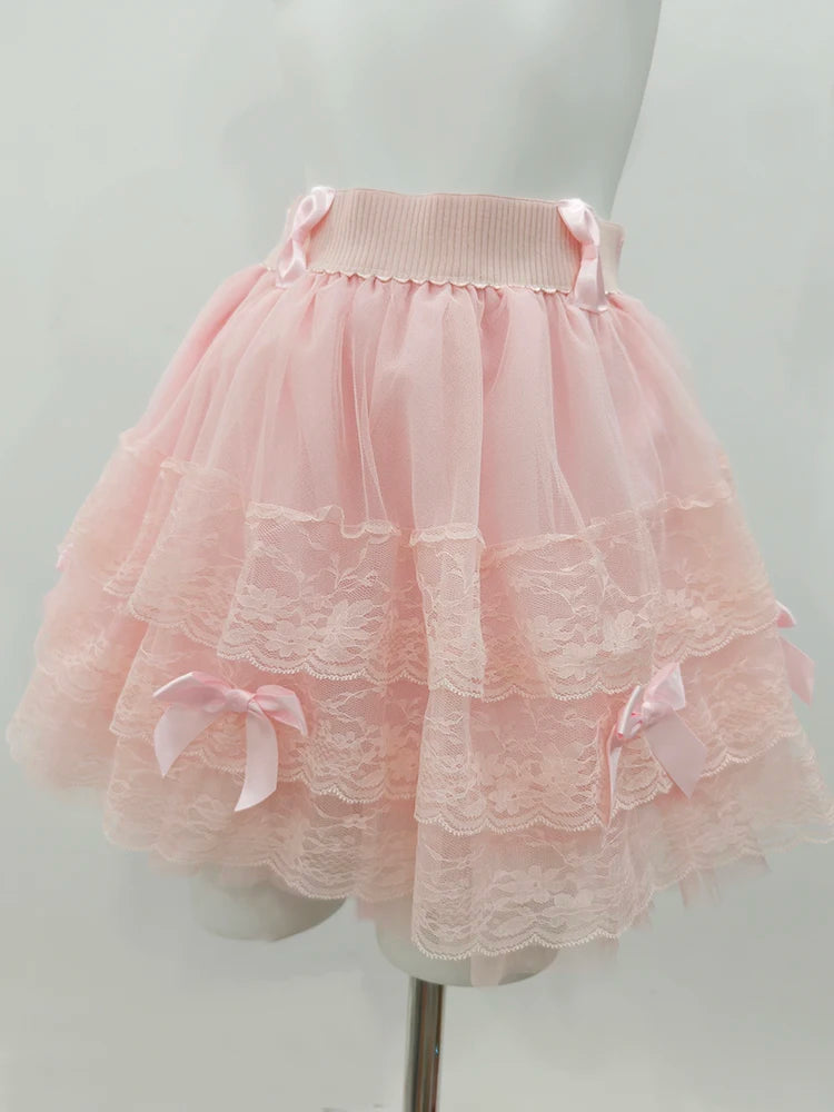 Multilayered Lace Skirts for Sweet Girls Summer Ribbons Bows Decoration Elastic Waist Lolita Style White Skirt Kawaii Clothes.
