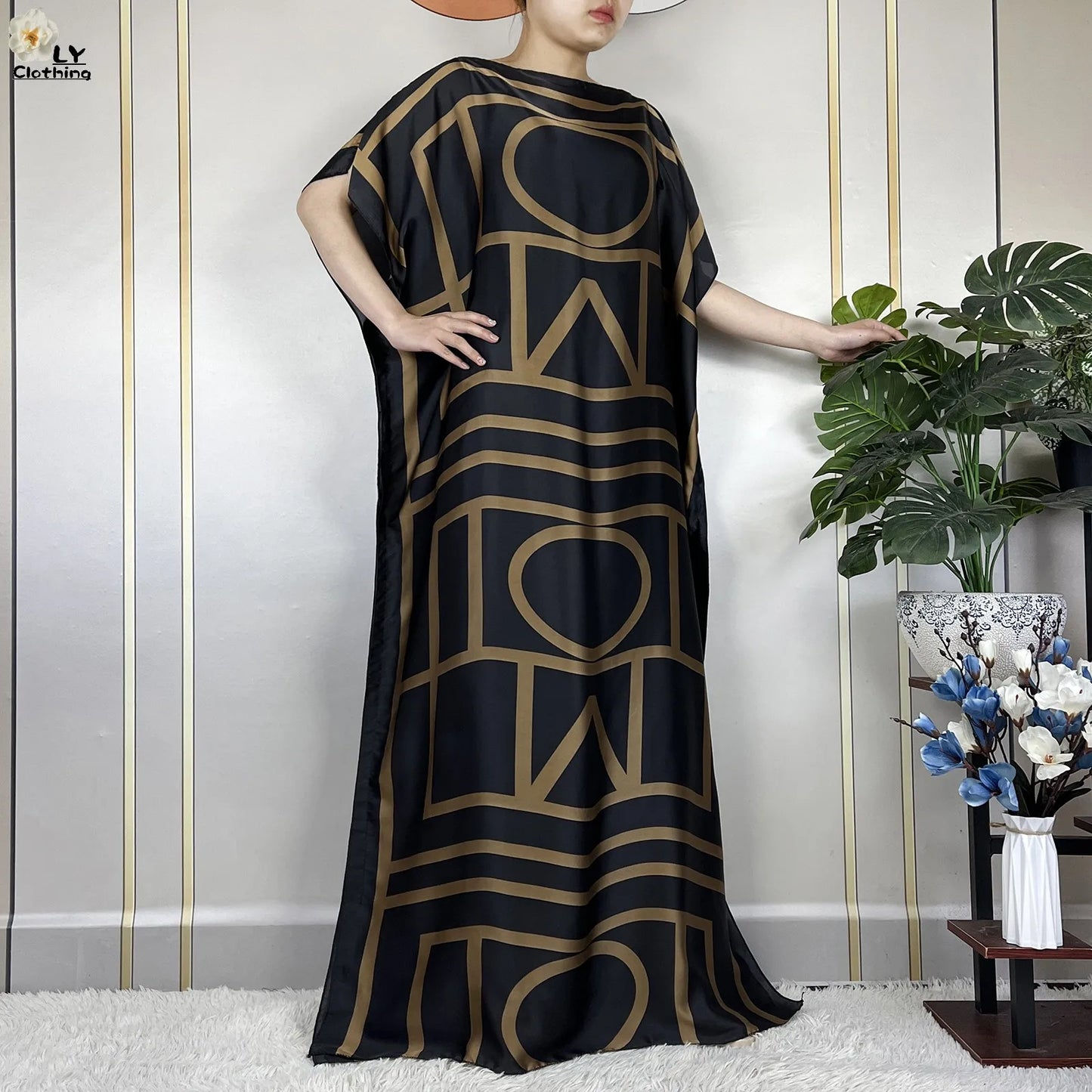 2024 New Dubai Summer Fashion For Women Printed Silk Soft Loose Femme Robe African Islam Maxi Woman Casual Dresses With Turban.