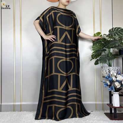 2024 New Dubai Summer Fashion For Women Printed Silk Soft Loose Femme Robe African Islam Maxi Woman Casual Dresses With Turban.