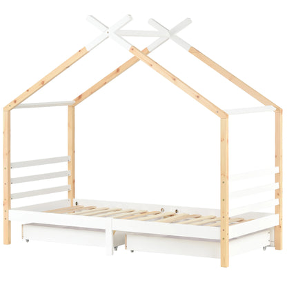 KOMHTOM Kinderbett Hausbett 90x200 cm, Massivholz Kiefernholz mit Schubladen und Lattenrost