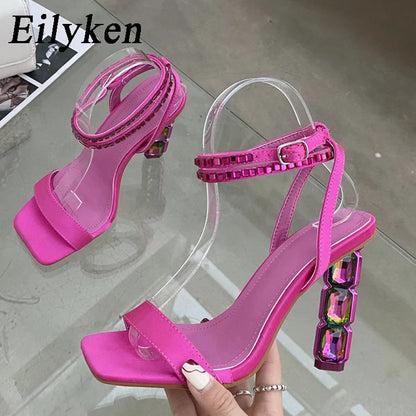 Eilyken Summer Crystal Embellished High Heel Sandals Women Diamond Open Toe Ankle Strap Silk Satin Rhinestone Banquet Shoes.