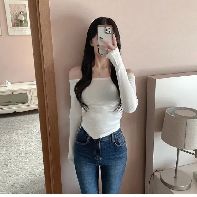 Korean Dongdaemun Fashionable Women's Clothing Off-the-shoulder Sexy Slimming Long Sleeve T-shirt Cropped Top Smooth Silhouette.