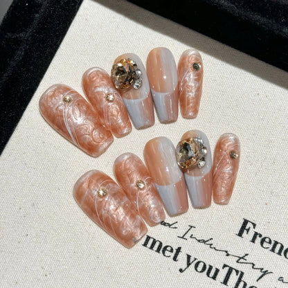 10pcs Handmade Autumn Press On Nails Mid-length Ladder Gold Foil Flower Tips Fake Nail White French Style False Nail For Women.