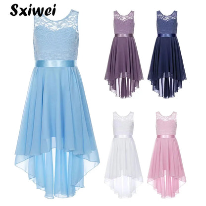 Blumenmädchen-Chiffonkleid mit floraler Spitze, Sommer, ärmellos, hoher, niedriger Saum, formelles Hochzeitskleid für Brautjungfer, Junior, Prinzessin